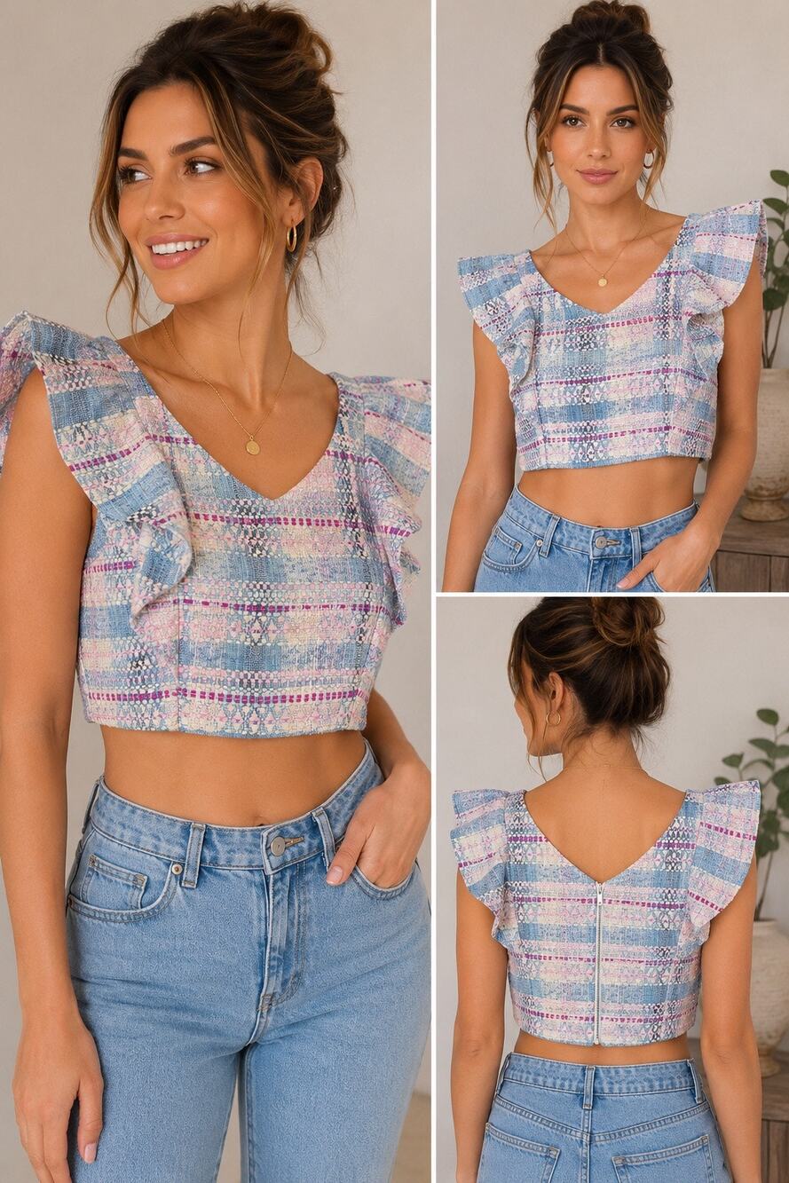 KOCH Made in USA Small Woven Tweed Crop Top Ruffle Metallic Pink Blue